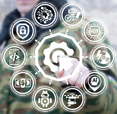 Stylized image of a soldier pointing to various icons related to counter-terrorism, including cash, social media, and drones.